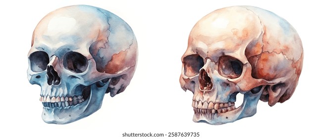 Watercolor skull illustrations, artistic anatomy study, realistic details, educational artwork, medical illustration, vibrant colors.