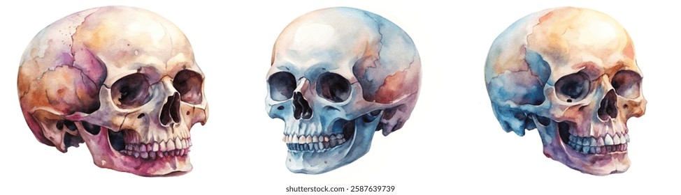 Watercolor skull illustrations, artistic anatomy study, colorful design elements, educational art piece, unique decorative print.