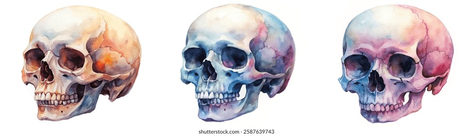 Watercolor skull illustrations, artistic anatomy study, colorful design elements, educational purpose, medical art style.