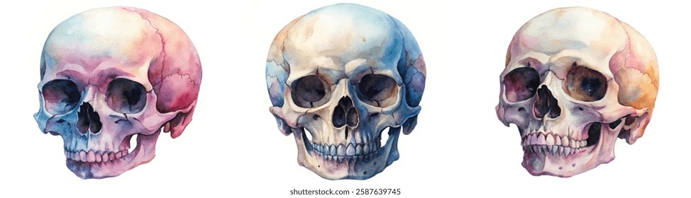 Watercolor skull illustrations, artistic anatomy studies, colorful design elements, educational art, medical illustration.