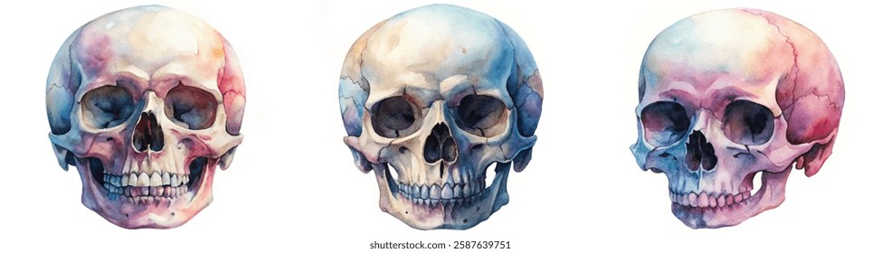 Watercolor skull illustrations, artistic anatomy studies, colorful skull designs, educational art pieces, unique wall decor.