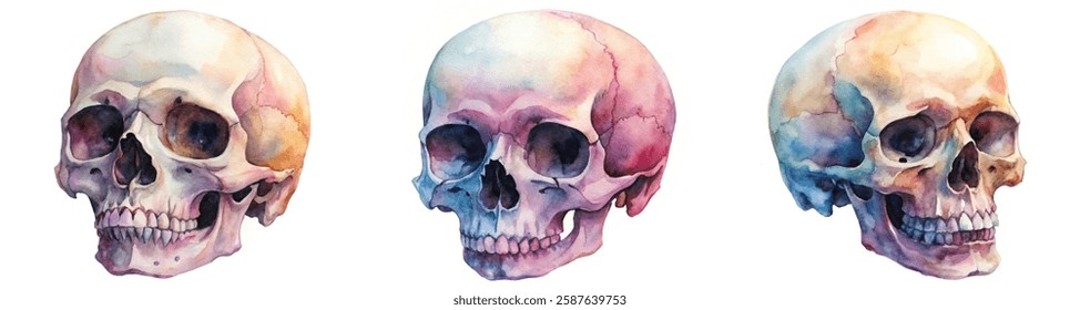 Watercolor skull illustrations, artistic anatomy study, colorful skull designs, vibrant art style, educational reference images.