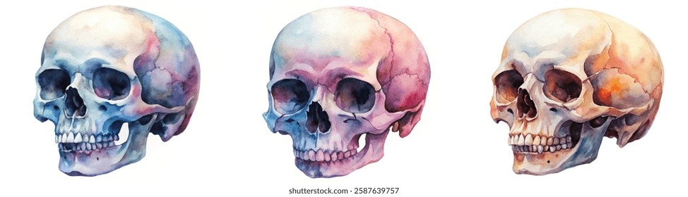 Watercolor skull illustrations, artistic anatomy studies, colorful skull designs, medical art prints, educational visuals.