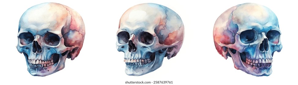 Watercolor skull illustrations, artistic anatomy study, colorful design elements, medical education graphics.