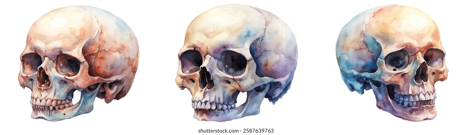 Watercolor skull illustrations, artistic anatomy study, vibrant colors, educational art, anatomical reference.