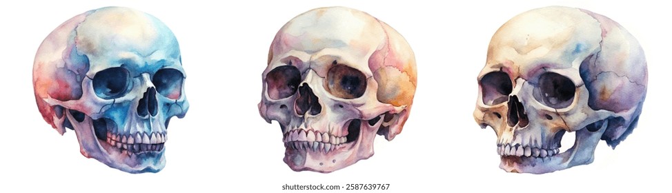 Watercolor skull illustrations, artistic anatomy study, vibrant color palette, educational art prints.