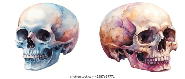 Watercolor skull illustrations, artistic anatomy, vibrant colors, detailed shading, educational purpose, creative design elements.