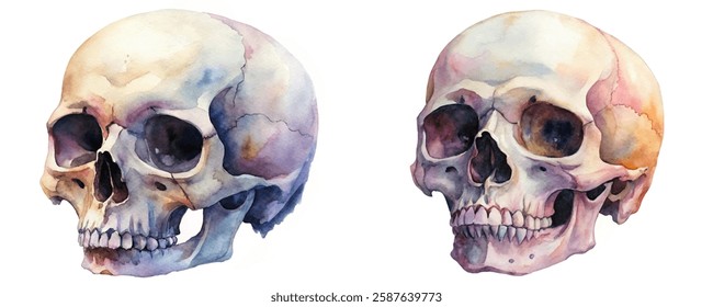 Watercolor skull illustrations, artistic anatomy, colorful design, medical art, educational reference, decorative elements.