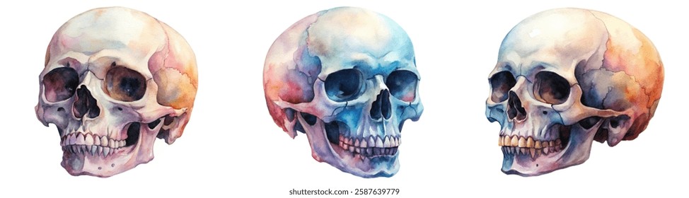 Watercolor skull illustrations, artistic anatomy, colorful design, medical art, educational purposes, creative decor.