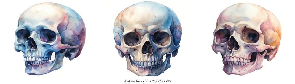 Watercolor skull illustrations, artistic design, vibrant colors, anatomical detail, decorative art, medical illustration, unique artwork.