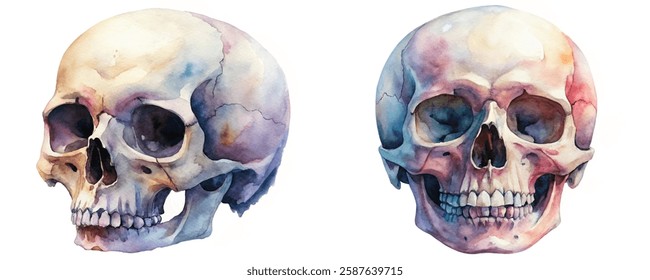 Watercolor skull illustrations, artistic design, vibrant colors, anatomical study, educational purpose, medical art, creative expression.