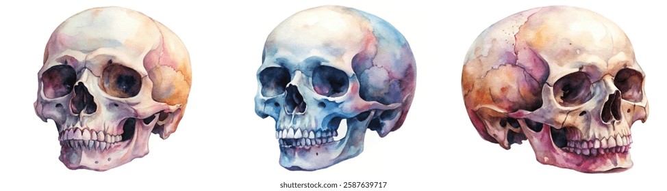 Watercolor skull illustrations, artistic design, vibrant colors, anatomical study, decorative art, educational purpose.