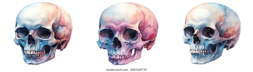 Watercolor skull illustrations, artistic design, vibrant colors, anatomical study, creative display, educational purpose.