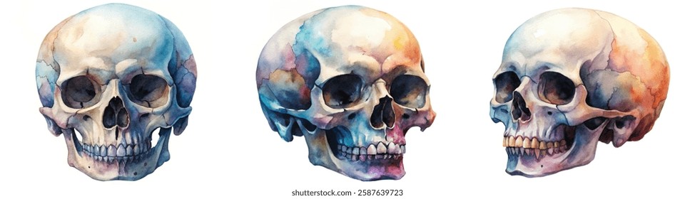 Watercolor skull illustrations, artistic design, colorful textures, anatomy study, creative artwork, educational purposes.