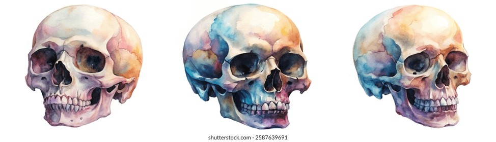 Watercolor skull illustrations, artistic skull designs, colorful skull artwork, anatomy studies, educational art pieces.