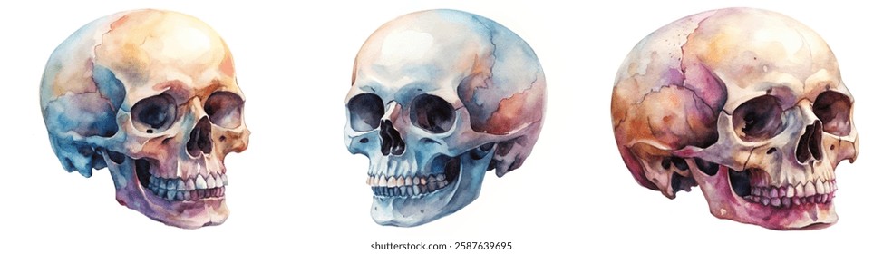 Watercolor skull illustrations, artistic skull designs, colorful anatomy art, creative medical imagery, decorative skull art.