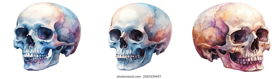 Watercolor skull illustrations, artistic skull designs, anatomical perspective, vibrant color palette, educational art piece.