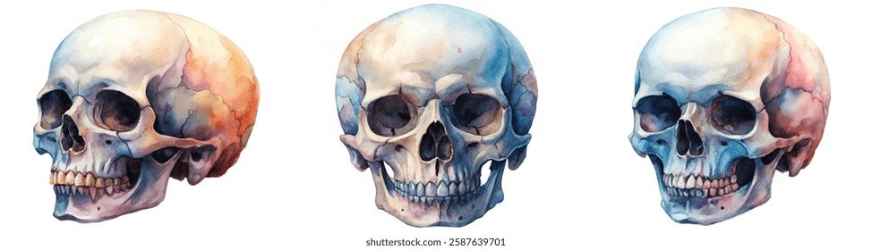 Watercolor skull illustrations, artistic rendering, anatomical studies, colorful shading, medical art, educational resources.