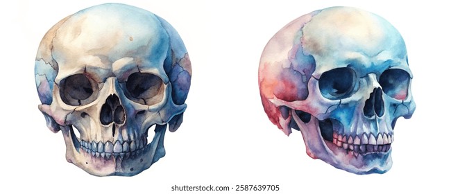 Watercolor skull illustrations, artistic rendering, anatomical details, vibrant colors, educational purpose, unique design, medical art.