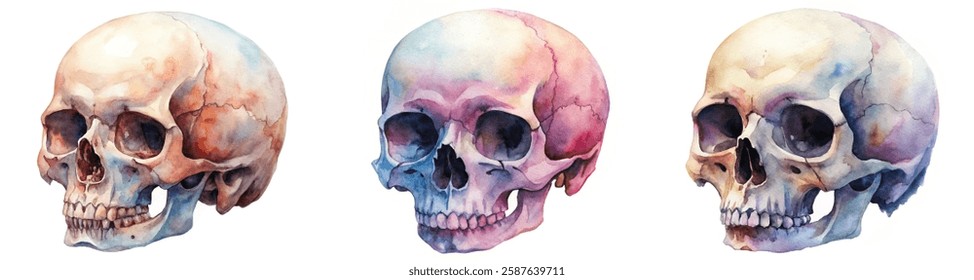 Watercolor skull illustrations, artistic rendering, anatomical study, vibrant colors, detailed features, educational purpose.