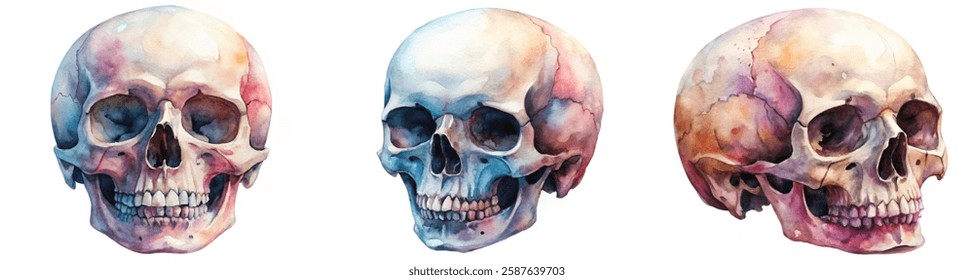 Watercolor skull illustrations, artistic renderings, anatomical details, colorful gradients, medical art, educational purposes.