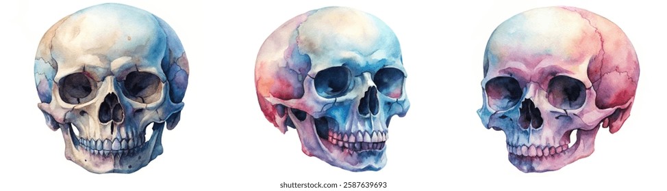 Watercolor skull illustrations, artistic style, colorful design, anatomy art, creative decoration, medical education, unique artwork.