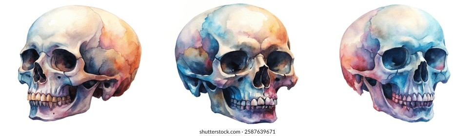 Watercolor skull illustrations, colorful skull art, anatomical design, artistic rendering, educational purpose, creative style.