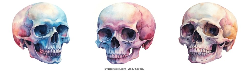 Watercolor skull illustrations, colorful art, anatomical design, artistic expression, educational use, medical illustration.