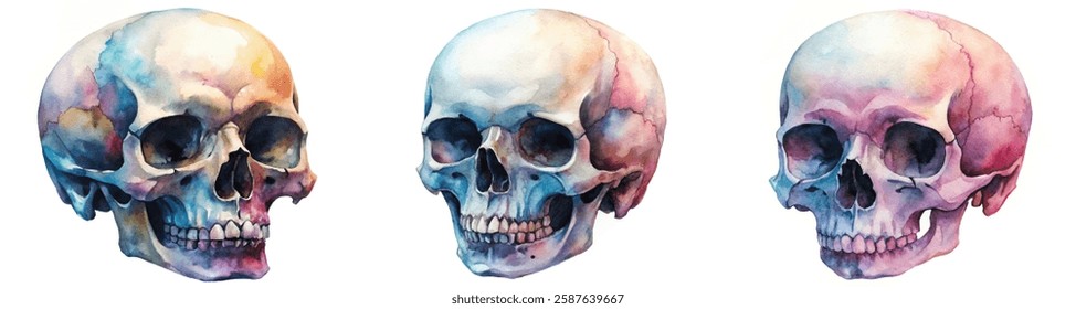 Watercolor skull illustrations, colorful artistic design, anatomical study, vibrant hues, educational purpose, unique art piece.