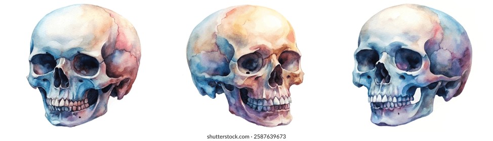 Watercolor skull illustrations, colorful artistic design, medical anatomy, creative art piece, educational imagery.