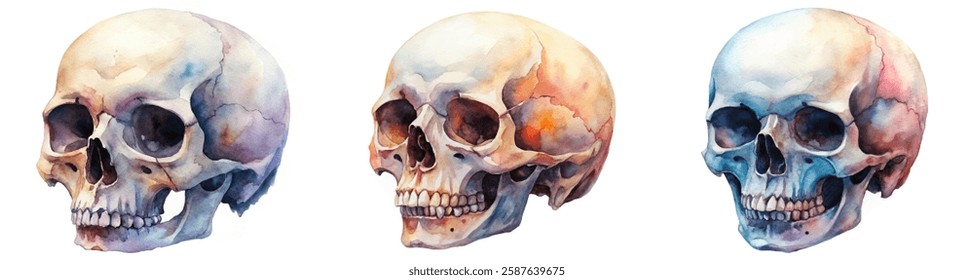 Watercolor skull illustrations, colorful artistic style, anatomical study, educational purposes, detailed features, vibrant tones.