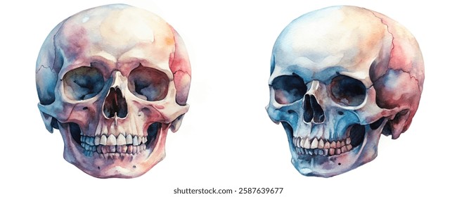 Watercolor skull illustrations, colorful artistic style, anatomical details, modern art, educational purposes, creative design.