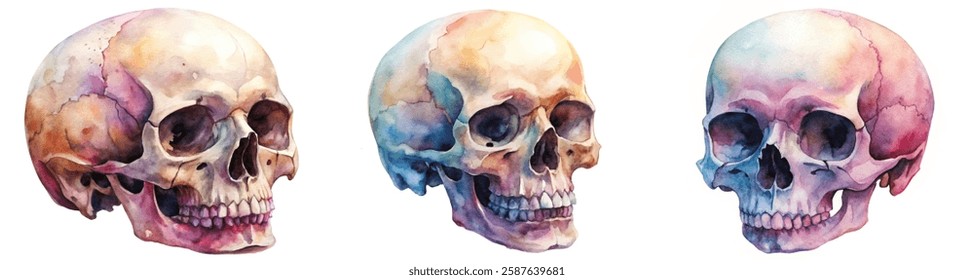 Watercolor skull illustrations, colorful artistic style, anatomical study, educational art, medical illustration, creative design.