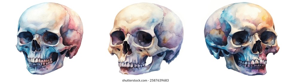 Watercolor skull illustrations, colorful artistic style, anatomical design, educational purposes, creative art display.