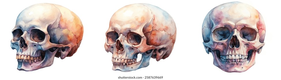 Watercolor skull illustrations, detailed anatomical features, artistic style, educational purpose, medical illustration.