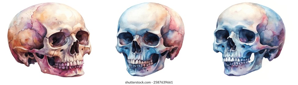 Watercolor skull illustrations, realistic anatomy, artistic style, medical education, creative design, vibrant colors, anatomical study.