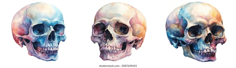 Watercolor skull illustrations, vibrant color palette, artistic rendering, anatomical study, decorative art, educational purpose.