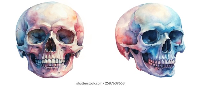 Watercolor skull illustrations, vibrant colors, artistic rendering, anatomical study, educational purpose, creative art, medical illustration.