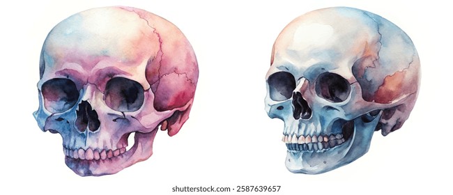 Watercolor skull illustrations, vibrant colors, artistic style, anatomical study, unique art pieces, medical illustration.