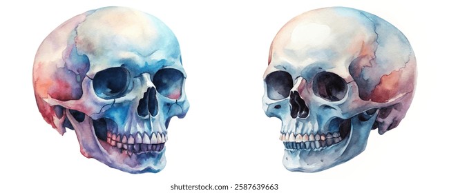 Watercolor skull illustrations, vibrant colors, anatomical art, educational purpose, artistic representation, medical illustration.