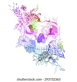 Watercolor skull isolated. Engraving sketch. Abstract vector skull in the flowers. Print for t-shirt.