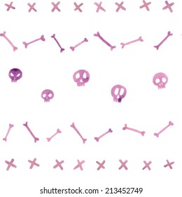 Watercolor skulls and bones. Halloween pattern. Vector