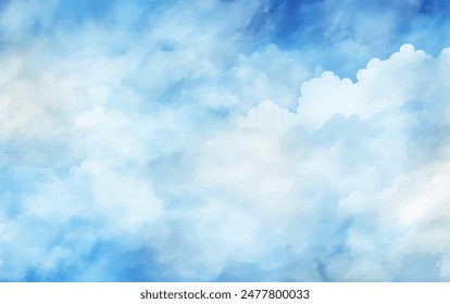 Watercolor sky background with soft clouds vector art. Beautiful watercolor illustration of a wash of blue and white paint, dreamy sky background. Abstract clouds add a touch of texture and softness