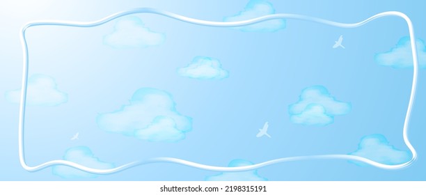 Watercolor sky banner with white and blue ribbon. Painted fluffy clouds on heaven backdrop. Vector Art. EPS 10.