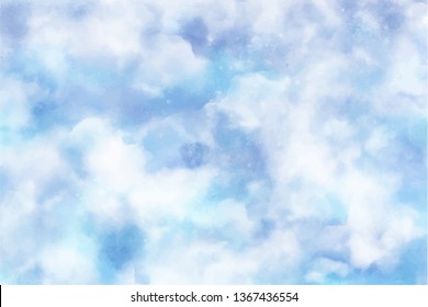 Watercolor sky with beautiful clouds. Abstract blue pastel background. Vector illustration with nice splash.  Hand painted colorful texture or backdrop.