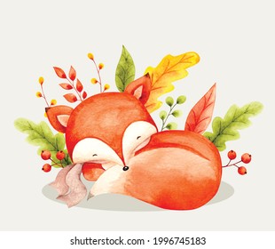 Watercolor sleeping autumn fox and leaves