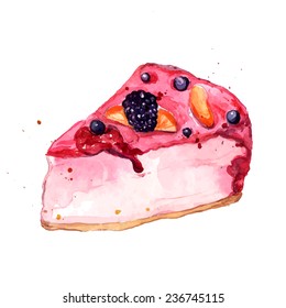 Watercolor slice of cake with pink fruit jelly qiwi and strawberry. Vector dessert illustration isolated on white background.