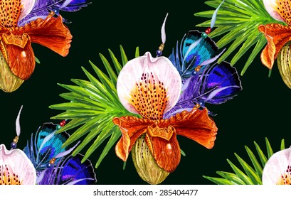 Watercolor Slipper Orchid, Palm Leaves & Feathers seamless vintage pattern on black background. Watercolor texture. Cloth design. Brown, Pink, Purple, Green, Blue, Black vector backdrop. Boho style.