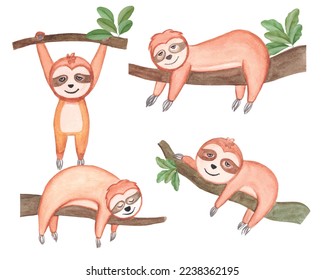 Watercolor Sloth Clipart Set, cute sloth watercolor clipart