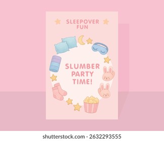 Watercolor Slumber Party Poster with Fun Elements for Sleepover Themes in Soft Colors for Kids Decor